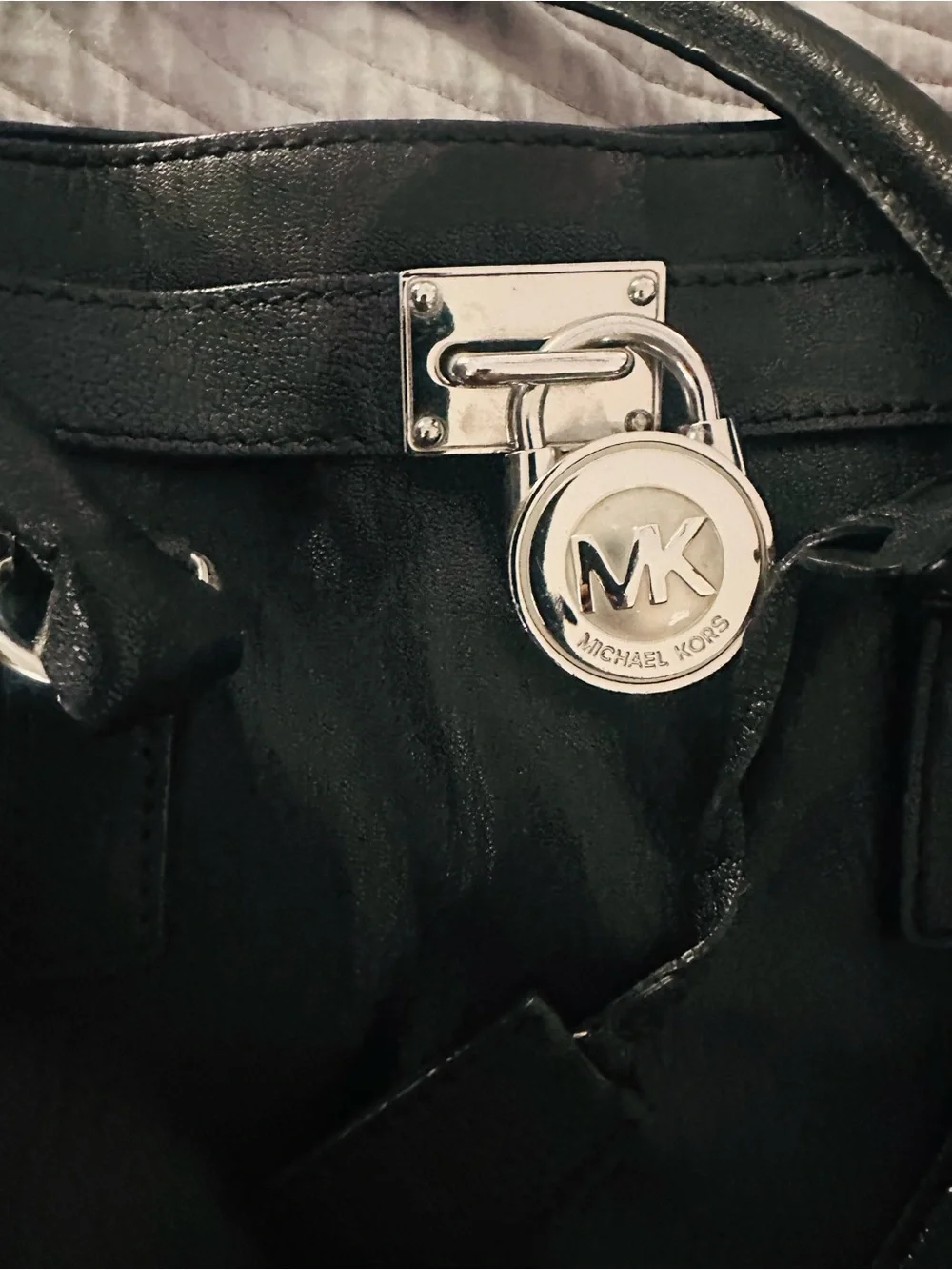 Michael Kors Black Leather Satchel with Silver Chain Detail